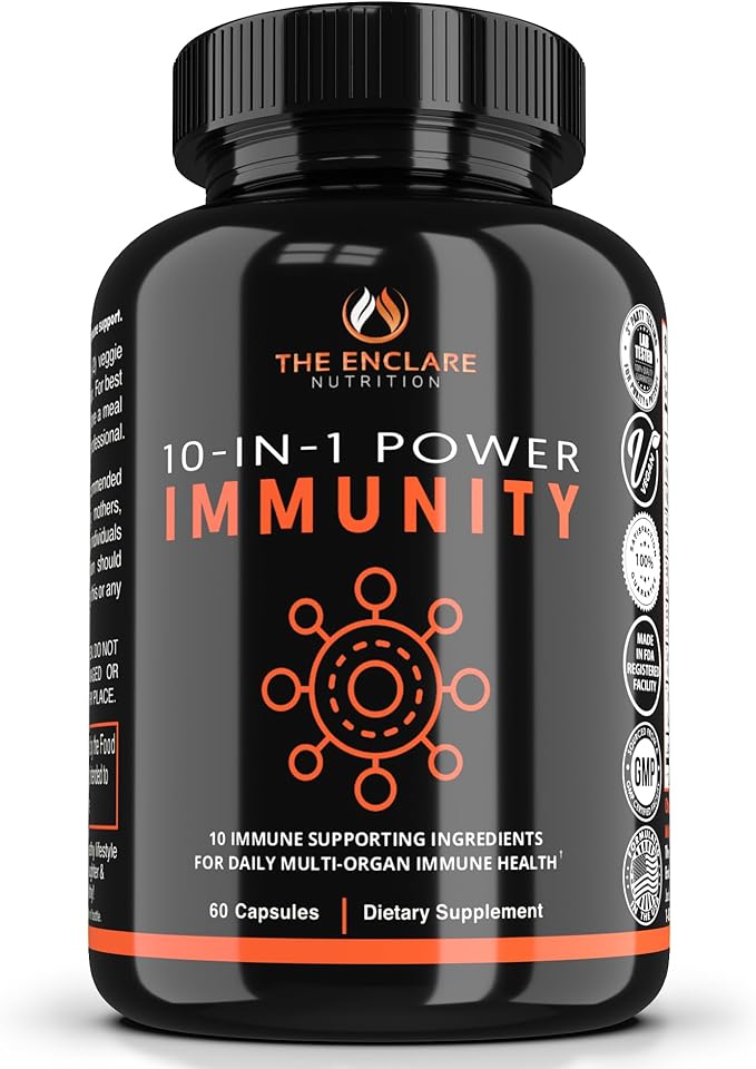 THE ENCLARE NUTRITION 10 in 1 Immune Support Booster Supplement with Echinacea Vitamin C and Zinc Turmeric Ginger B6 Elderberry for Adults Immunity Defense Vitamins Made in USA Veg Cap 60 Ct (1)