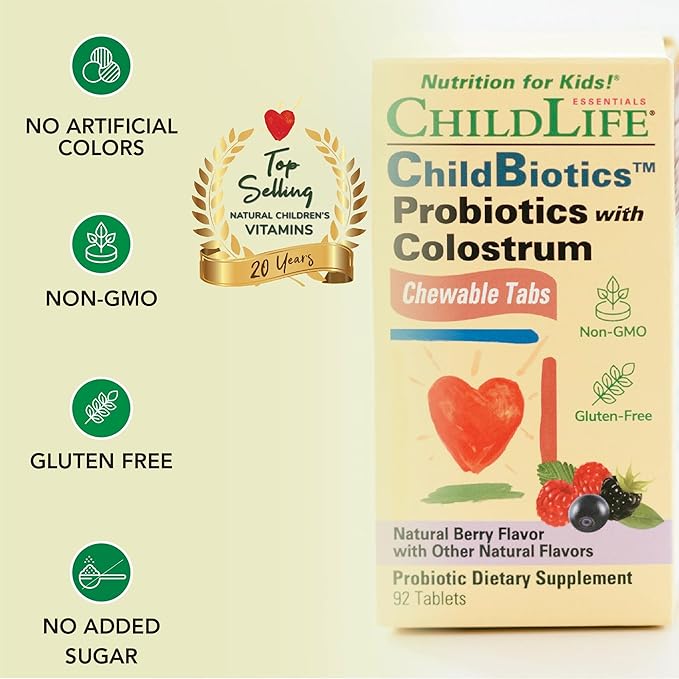 CHILDLIFE ESSENTIALS ChildBiotics with Colostrum- Probiotics for Kids Probiotics for Digestive Health Chewables Children's Probiotic Colostrum for Kids Gluten Free - Natural Berry 92 Tablets