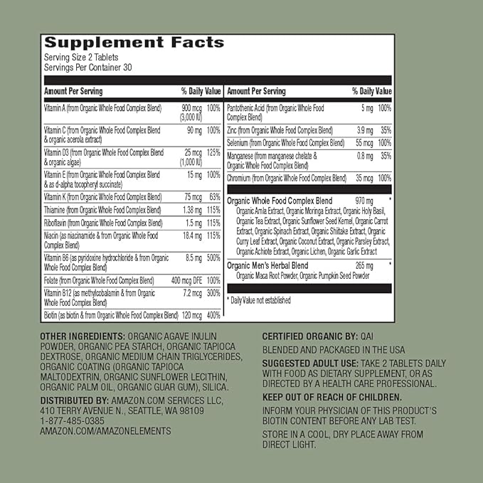 Amazon Elements Organic Whole Food Men's Multi 60 Tablets (Pack of 2)