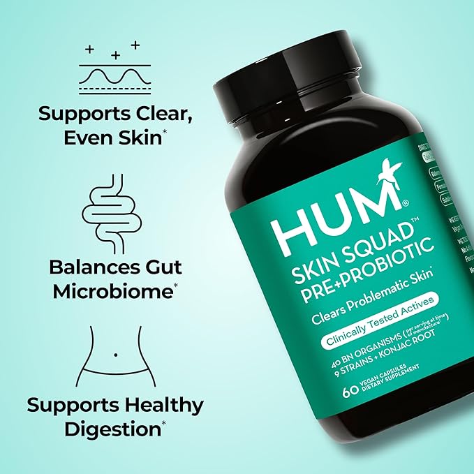 HUM Skin Squad Probiotics for Women and Men Skin Care Supplement for Clear Complexion &amp Gut Health Support Microbiome Prebiotic &amp Probiotic Supplement for Breakouts Digestive Health 60 Cap