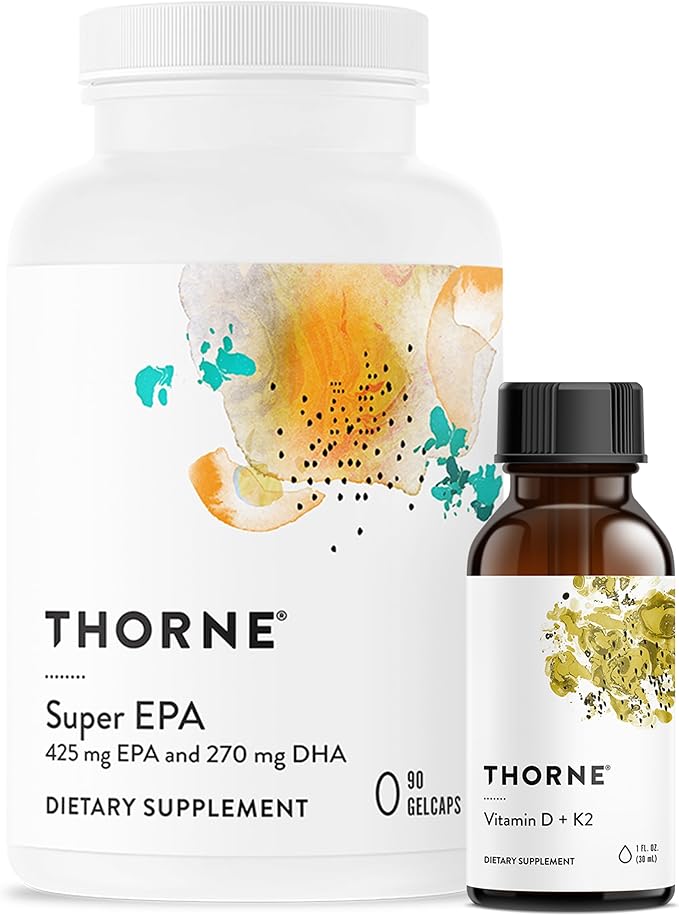 THORNE - Super EPA (90 Gelcaps) &amp Vitamin D + K2 (1 Oz) Bundle - Supports Bone Health Muscle Structure &amp Joint Health - Gluten Dairy &amp Soy-Free