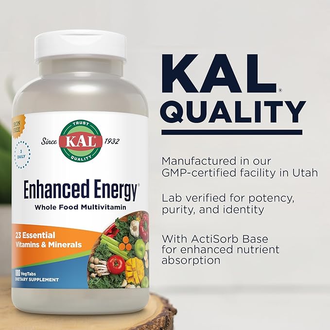 KAL® Enhanced Energy Multivitamin | Whole Food Based Vitamins &amp Minerals w/ Antioxidants Digestive Enzymes &amp Natural Carotenoids | 180 Capsules