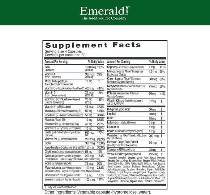 EMERALD LABS Complete Clinical Multi - Multivitamin with Methylated Folate Vitamin D3 Digestive Enzymes &amp More for Gut Health Immune Support &amp More* - 120 Vegetable Capsules (30-Day Supply)