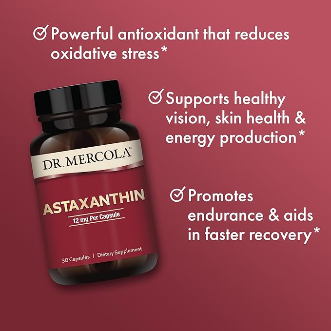 Dr. Mercola Organic Astaxanthin - 12 mg Astaxanthin - Powerful Antioxidant Support - Organic Microalgae Extract - Non-GMO Gluten-Free &amp Soy-Free - 30 Capsules (30 Servings)