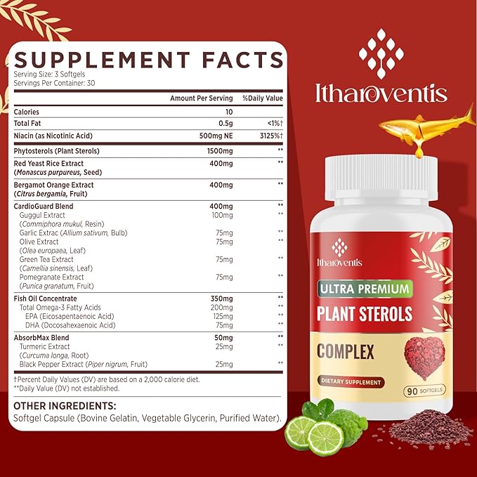 Cholesterol Supplements with Plant Sterols Niacin Red Yeast Rice Bergamot Omega-3 &amp Garlic - Advenced Absorption Formula - 180 Softgels