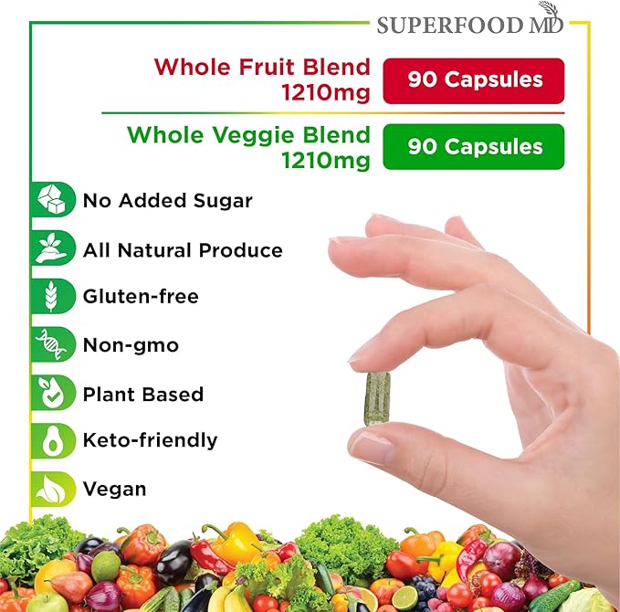 Superfood MD Fruits &amp Veggies Supplement - Whole Food Natural Superfoods - with Beta Carotene - Soy Free- 90 Count (Pack of 2)