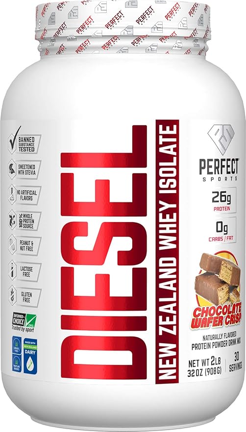 PERFECT SPORTS Diesel 100% New Zealand Whey Protein Isolate | Stevia Sweetened No Artificial Ingredients Keto | 0g Carb 0g Fat 26g Protein | 2 Pounds (Chocolate Wafer Crisp)