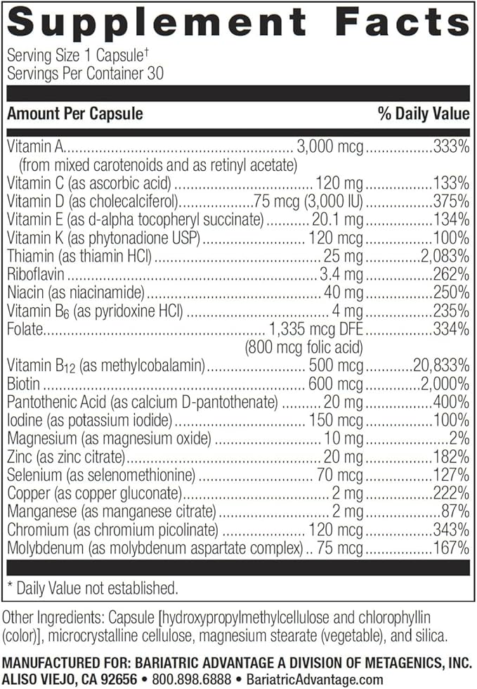Bariatric Advantage Ultra Solo Without Iron - Once-Per-Day Daily Multivitamin - for Bariatric Patients - with Thiamin Vitamin A &amp More - Gluten Free - 30 Capsules