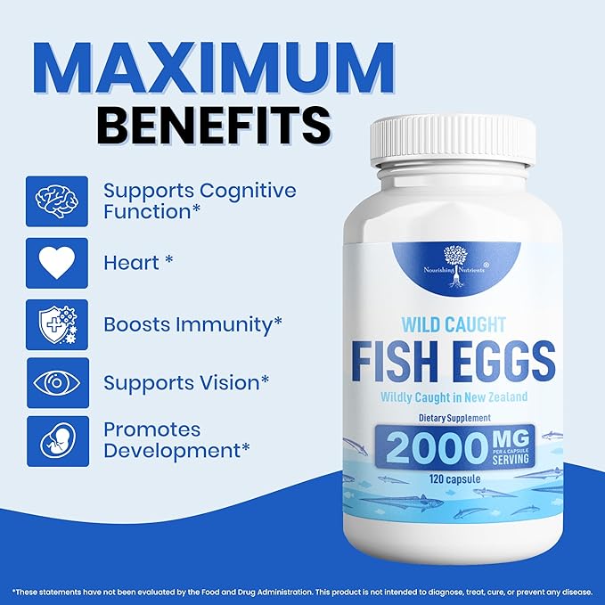 Wild Caught Fish Eggs 2000mg - Omega 3 Supplement for Eye Brain Health Supports Immunity Bones and Teeth Mood Support with Omega 3-6-9 Fish Egg Capsules