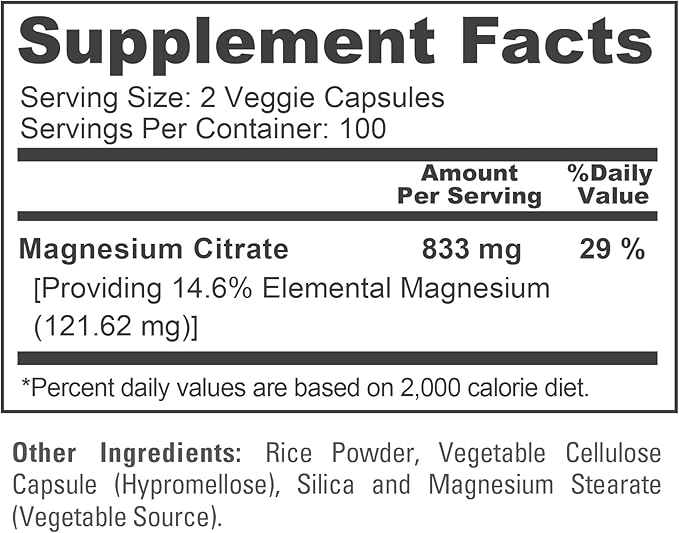 NusaPure Magnesium Citrate 833mg - 200 Veggie Capsules (Vegetarian Non-GMO Vegan)
