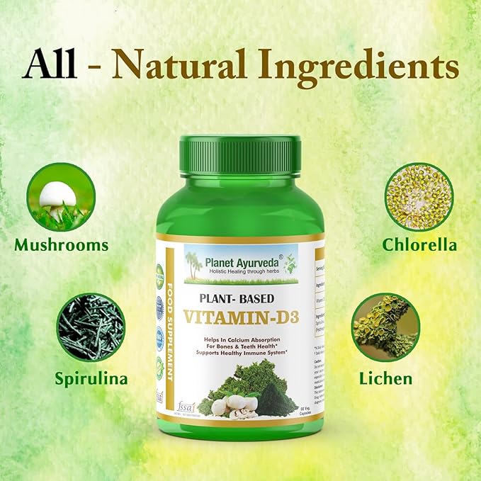Planet Ayurveda Plant Based Vitamin D3 Organic Healthy Bones Immunity Mood for Women Men Children 60 CT (30-60 Days) (Pack of 1)
