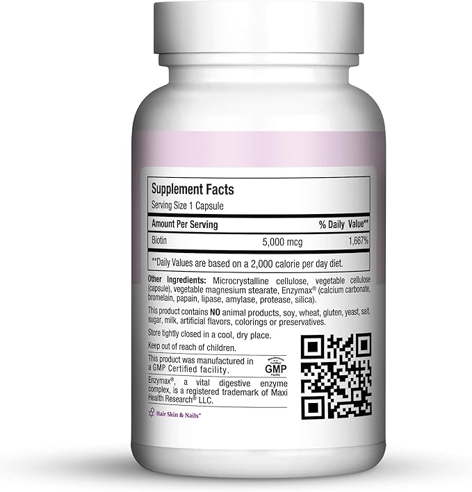 Maxi Health Biotin 5000 mcg – Hair Skin and Nails Vitamins for Women &amp Men – High Potency Vitamin B7 Supplement for Hair Growth Strong Nails &amp Healthy Skin – Kosher Doctor Formulated – 120 C