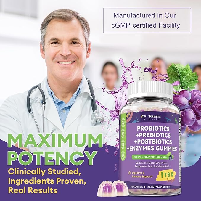 Sugar Free 5-in-1 Probiotic Prebiotic Postbiotic Gummy 36 Strains Probiotics for Women Men with Digestive Enzymes Peppermint Complete Immune Gut &amp Digestive Support Vegan 60 Ct Grape Flavor