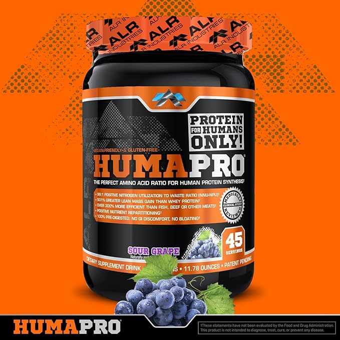 Humapro | Amino Acids Protein Matrix for Humans | 99% Utilization for Lean Muscle | Vegan Gluten Free | 334g / 45 Servings (Sour Grape)