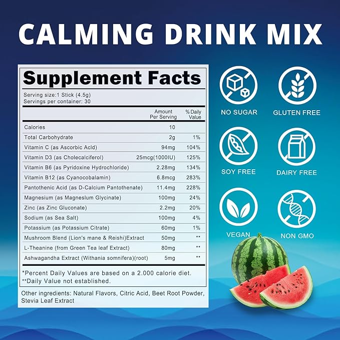 Cortisol Powdered Drink Mix Calm Adaptogenic Drink Mix with Magnesium Glycinate L-Theanine Ashwagandha Mushroom &amp Vitamin Magnesium Powder for Sleep &amp Stress Relief Watermelon Flavor 30
