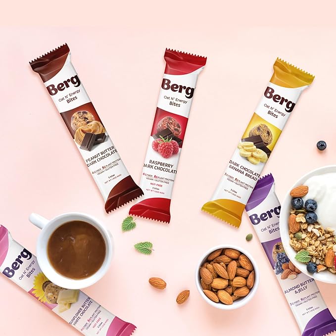Berg Bites Plant-Based Almond Butter &amp Jelly Bites Vegan Gluten-Free 6g Protein 5g Fiber Energy Snack Box - Clean Energy Healthy Snack Bar - 1.5oz (8 Pack)
