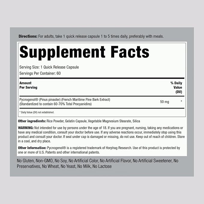 Piping Rock Pycnogenol Supplement | 50 mg | 60 Capsules | French Maritime Pine Bark Extract | Pinus Pinaster for Men and Women | Non-GMO Gluten Free