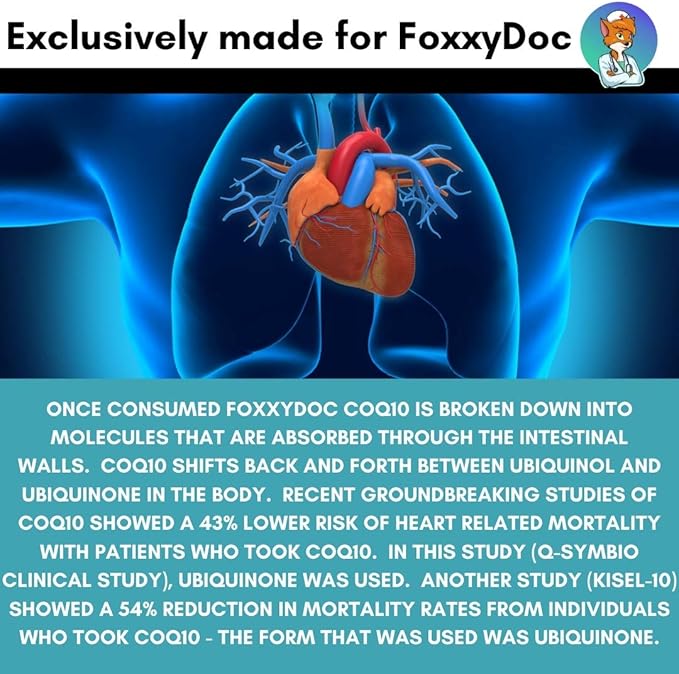 CoQ10 400 MG Per 2 Caps - Ubiquinone - Excellent Value - Heart Brain &amp Cellular Supplement - Energy Support - 200 Caps in Bottle - by Foxxy Doc