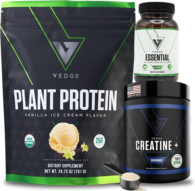 VEDGE Vanilla Protein Powder Creatine Monohydrate and Vegan Omega 3 Complete Vegan Performance Stack for Muscle Strength Endurance &amp Recovery Superfood Vitamin A Vitamin C and Amino Acids