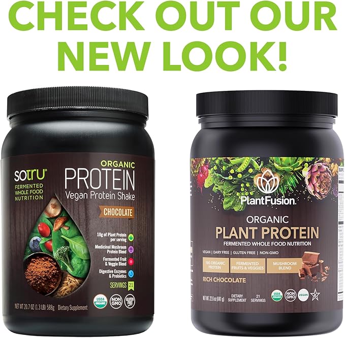 SOTRU Organic Vegan Protein Powder - Whole Food Plant Based Protein Powder with Green Superfoods Enzymes &amp Probiotics - USDA Certified Organic Non-GMO Gluten-Free - Chocolate 18.5 oz 21 Servi