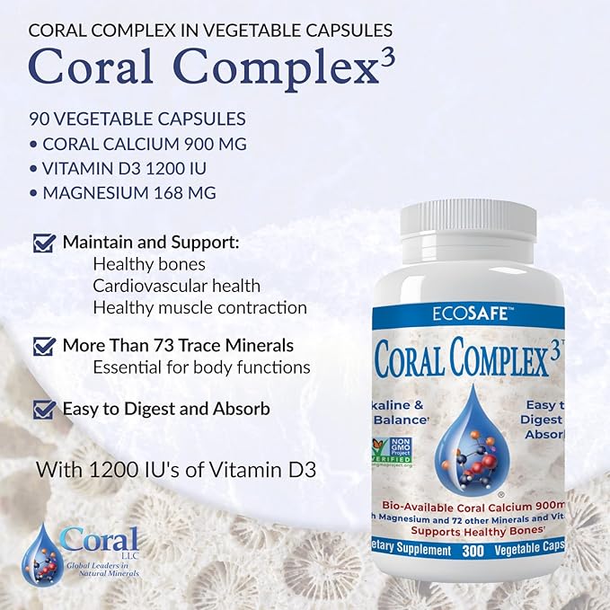 Coral Complex 3 Calcium Supplement Vitamin D3 &amp Magnesium – 900 mg Bioavailable Coral Calcium for Bone Strength Joint Support &amp pH Balance – Trace Minerals Non-GMO 300 Veg Capsules