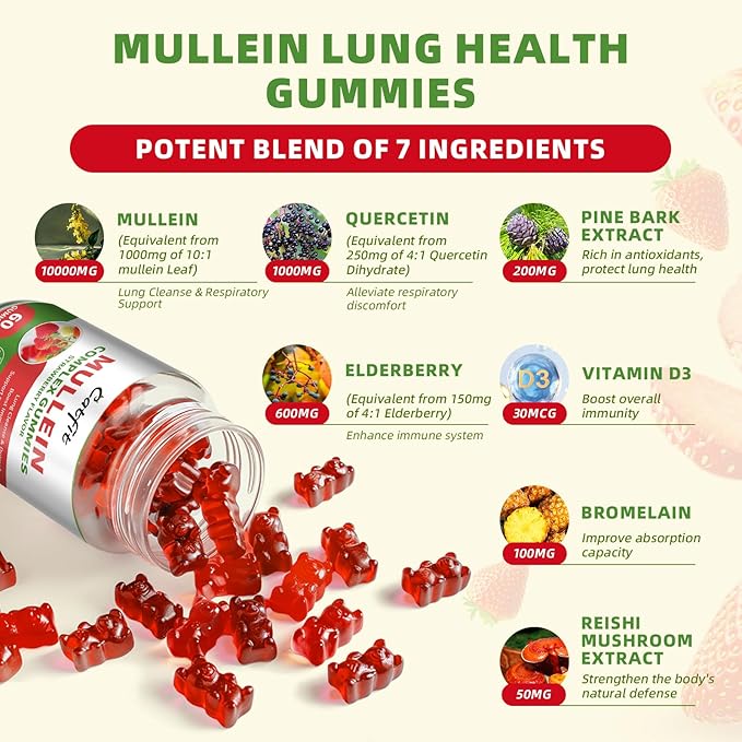 Catfit Mullein Gummies for Lungs Detox &ampLymphatic DrainageMullein Leaf ExtractQuercetin&ampElderberry for Respiratory &amp Immune SupportVegan Strawberry Flavor 120 Gummies