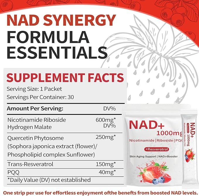 NAD Resveratrol Supplement 30 NAD Liquid Packets - Fast Absorbing Liquid Formula with Nicotinamide | Riboside | PQQ Cellular Energy &amp Metabolism Support NMN Supplement Alternative