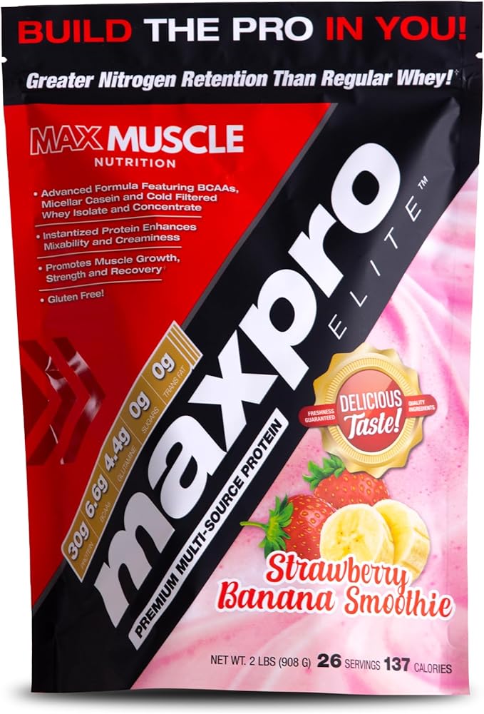 Max Muscle Maxpro Elite Whey Protein Powder | 30g Protein | 0g Sugar | 6.6g BCAAs | Micellar Casein Cold Filtered Whey Isolate Protein | Promotes Muscle Growth &amp Recovery (Strawberry Banana 2lb)