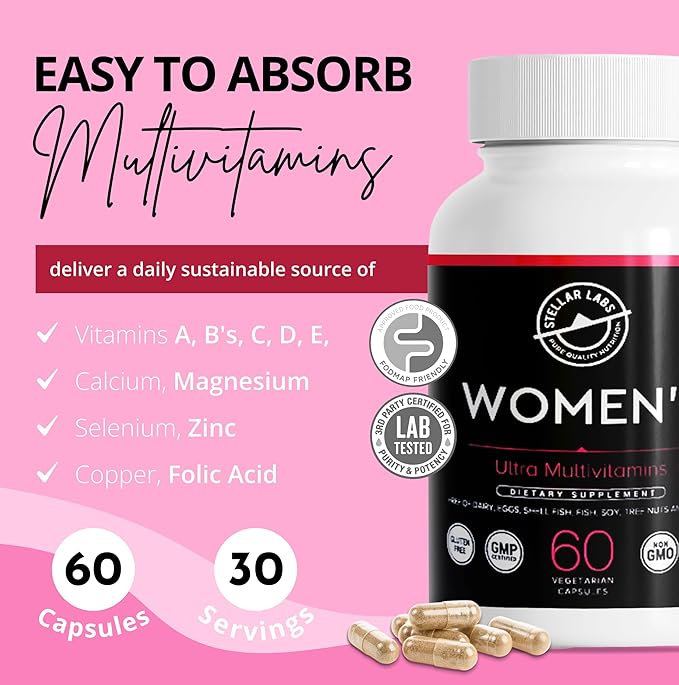Stellar Labs Low FODMAP Vegan Women's Ultra Multi-Vitamin | Easy to Digest Daily Multivitamin Without Iron | Low Energy Supplement Female Support | Easy to Swallow Veggie Capsules | 60 Count