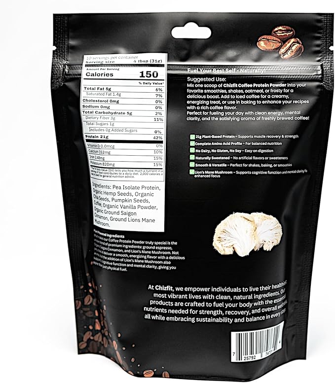 Plant-Based Protein Powder 8 Simple Ingredients Coffee &amp Lion's Mane 21 Grams Protein per Serving 11.92 Ounces
