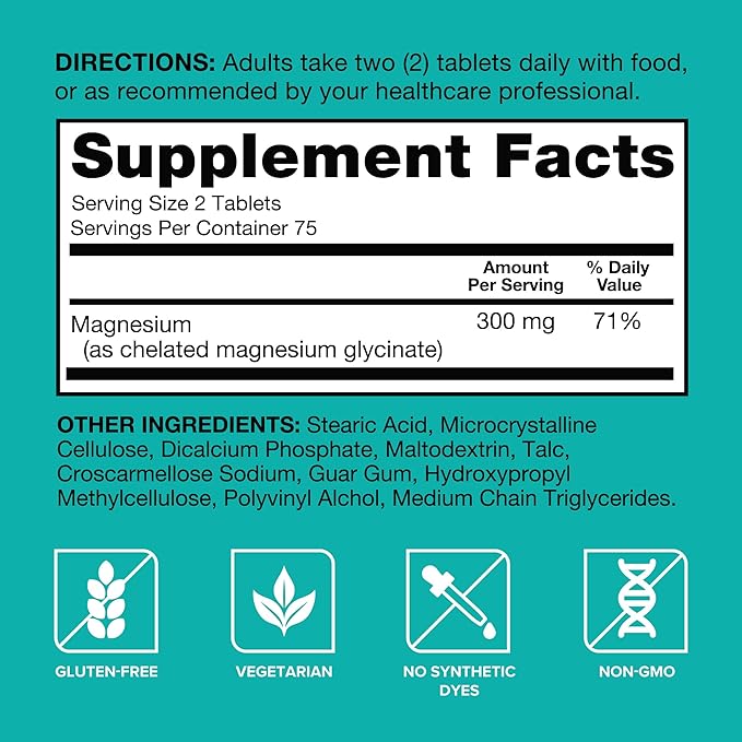 Qunol Magnesium Glycinate 300mg100% Glycinate Chelated Magnesium Supplement150ct Tablets(Pack of 2)