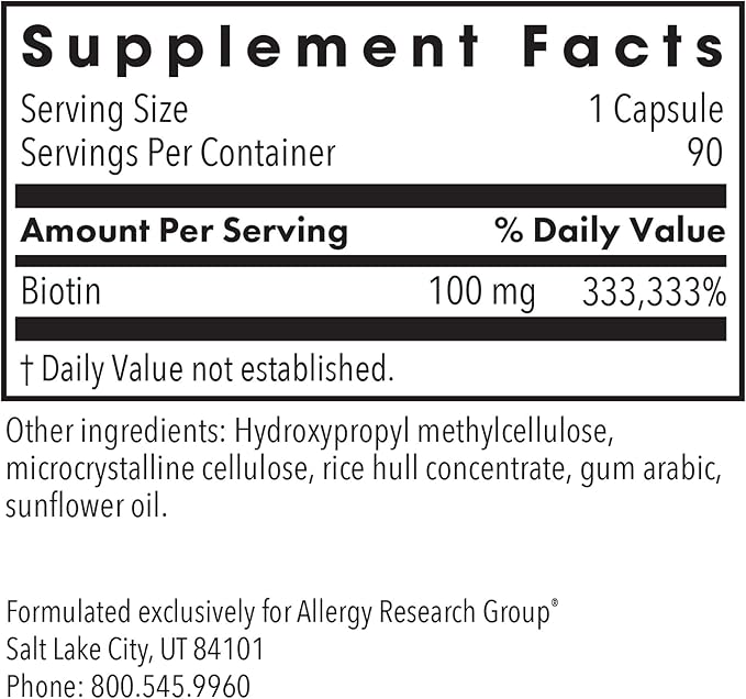 Allergy Research Group HiBiotin Supplement - Extra Strength Biotin Pills Vegetarian Capsules Hypoallergenic Gluten Free - 90 Count