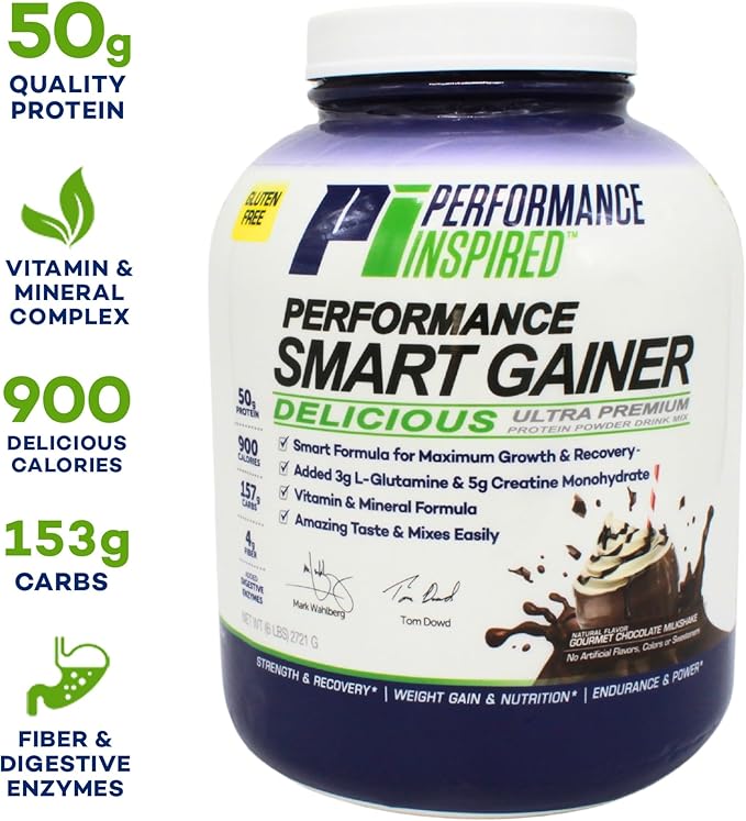 Performance Inspired Nutrition Smart Mass Gainer – 50G Protein 900 Calories Creatine L-Glutamine &amp Digestive Enzymes – Muscle Recovery &amp Growth – Chocolate Milkshake – 6 lb