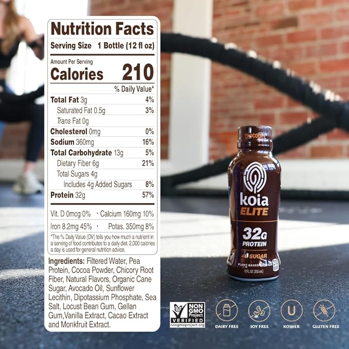 Koia Elite Plant Based Protein Shake Chocolate 32g Protein 4g Sugar 6g Prebiotic Fiber Pre &amp Post Workout Nutritional Drink No Seed Oils Dairy-Free Gluten-Free Non-GMO 12 Fl Oz (Pack of