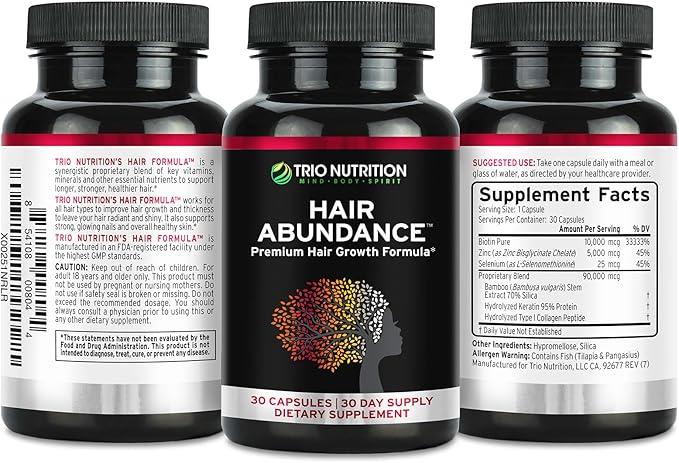 TRIO NUTRITION Hair Abundance | Natural Vitamin Supplement for Hair Growth Strong Nails and Smooth Skin| Boosted with Collagen Keratin Zinc &amp Selenium | Biotin 10000mcg | 30 Day Supply