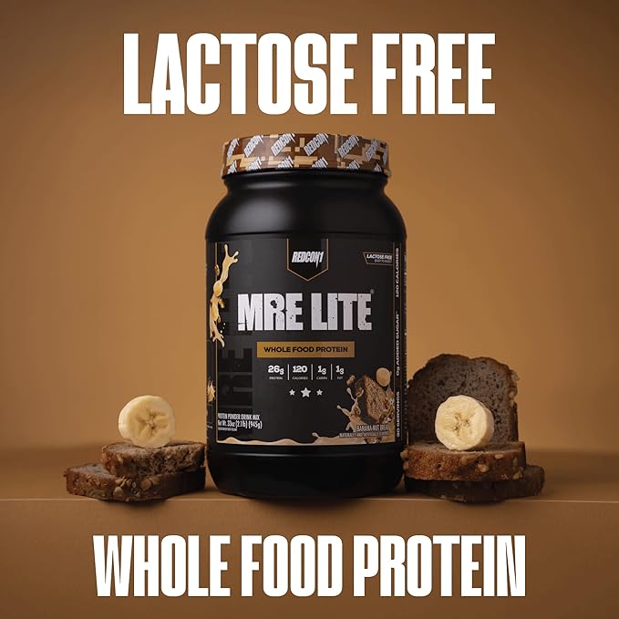 REDCON1 MRE LITE Whole Food Protein Powder Banana Nut Bread - Lactose Free &amp Sugar Free Meal Replacement with Animal Protein Blends - Easy to Digest Formula - Only 1g Carb per Serving (30 Serving