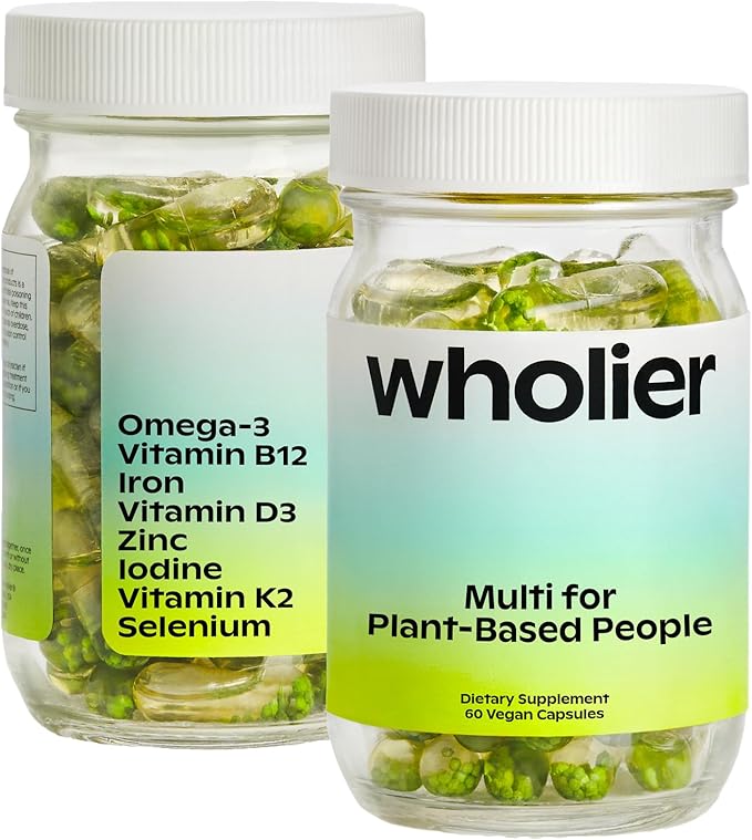 wholier Plant Based Multivitamin Vegan Omega-3 DHA EPA Vitamin D B12 Zinc Vitamin K2 Iron Iodine Selenium. 60 Count (30-Day Supply) Glass Bottle