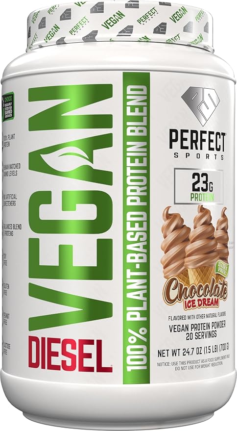 PERFECT SPORTS Vegan Diesel 100% Plant Based Protein | Whole Food Blend | No Artificial Sweeteners Lactose Free Keto | 23g Protein | 1.5 Pounds (Chocolate Ice Dream)