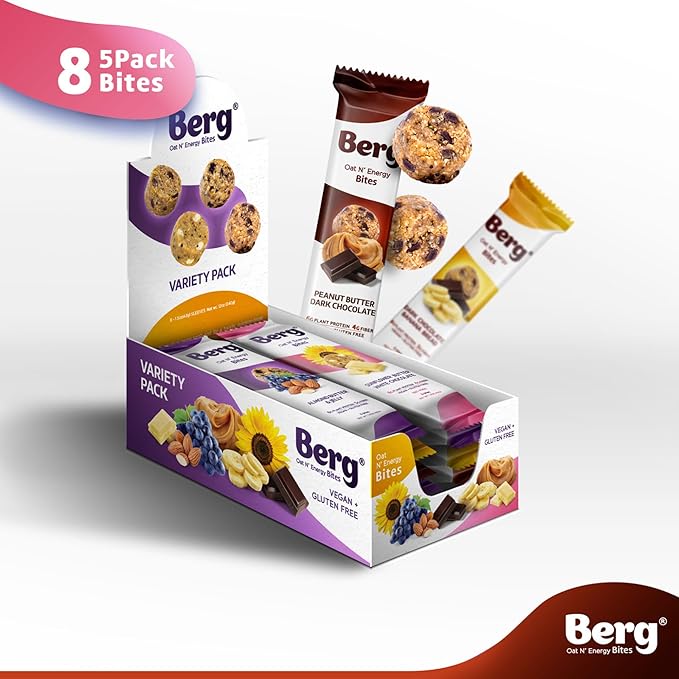 Berg Oat N' Energy Bites - Peanut Butter &amp Dark Chocolate - Non-GMO Gluten Free Dairy Free Soy Free and Vegan - Clean Energy Snack - 1.5oz (8 Pack)
