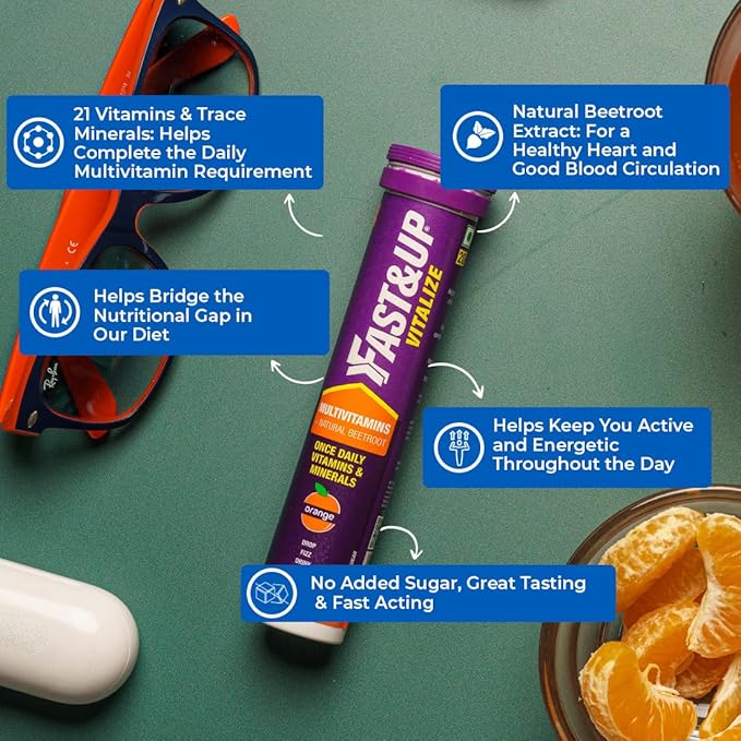 Fast &amp Up Vitalize Multivitamin Supplement - One Daily - 21 Vitamins and Minerals - Natural Beetroot Extract for Men and Women - 60 Effervescent Tablets - Orange Flavour