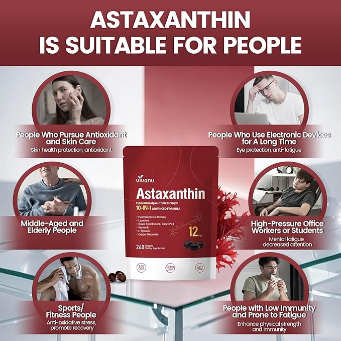 10 in 1 Astaxanthin Supplements 12mg 12 Month Supply Astaxantina Antioxidant from Fresh Haematococcus Pluvialis Contains Lycopene Grape Seed Vitamin E More Supports Eye Joints Skin Health 3Bag