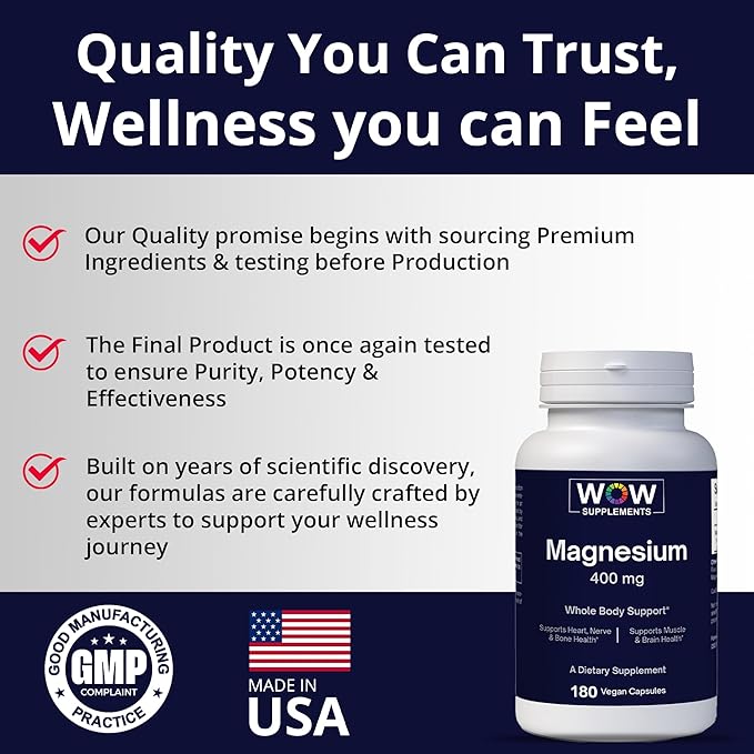 WOW Supplements Magnesium 400 mg Complex - Supplement for Men and Women - Citrate Aspartate &amp Magnesium Oxide 400mg - 180 Capsules