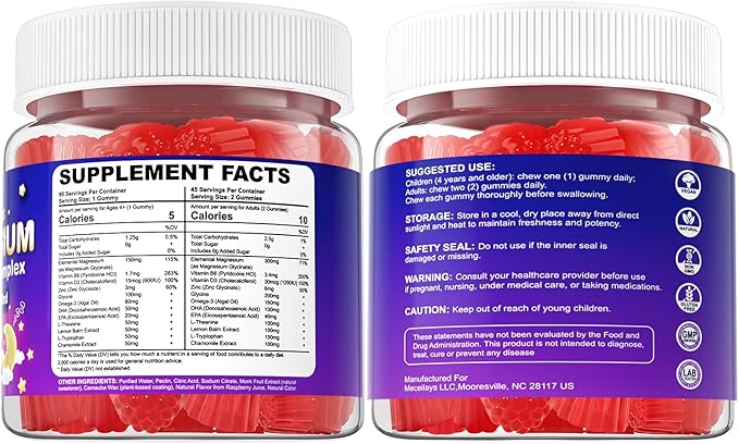 Magnesium Glycinate Gummies for Kids 4+ &amp Adults 180 Counts No Melatonin Magnesium Gummies for Sleep &amp Calm Sugar Free Vegan with Glycine L-Theanine B6 D3 Zinc &amp Omega 3 - Raspberry