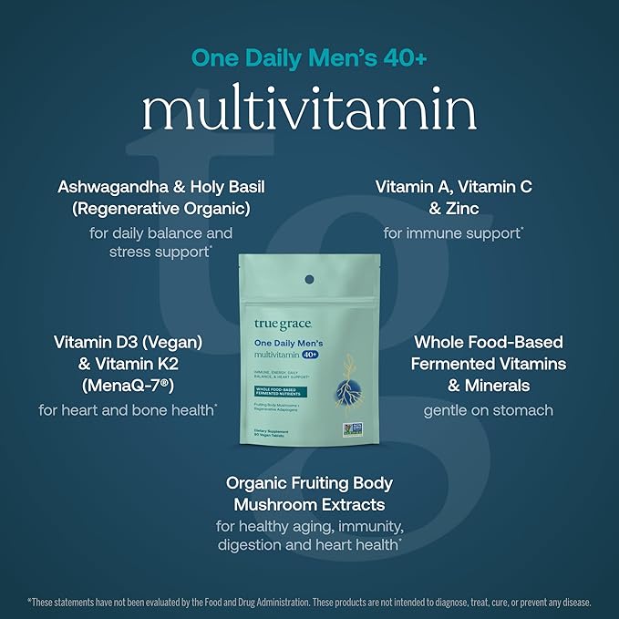 True Grace Men's 40+ One Daily Multivitamin Fermented Minerals Organic Adaptogens &amp Mushrooms Whole Body Balance Immune Endurance Bone &amp Heart Support Supplement - Non-GMO - 90 Vegan Tablet