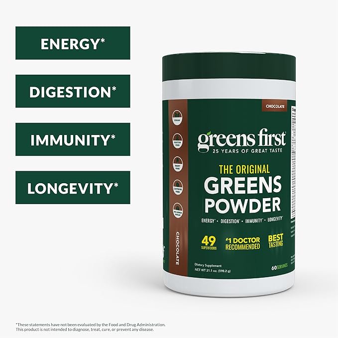 Greens First Original Greens Powder - 49 Superfoods - Organic Fruits &amp Veggies - Prebiotics Probiotics Digestive Enzymes - Antioxidant Smoothie - Dairy Free Vegan Non-GMO (Chocolate 60 Servin
