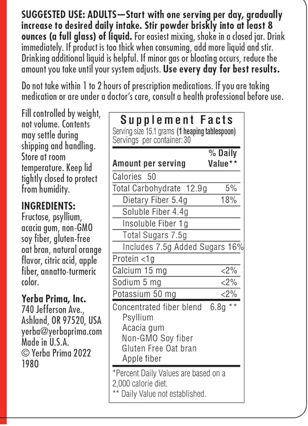 Yerba Prima Daily Fiber Formula 16 oz (Pack of 2) - Premium Dietary Fiber Supplement Non-GMO Gluten Free Made in The USA Orange Flavor