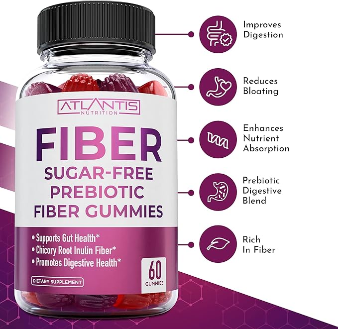 Atlantis Nutrition Sugar Free Fiber Gummies for Adults - 5G Fiber Supplement Formulated with 5.4G Prebiotic Digestive Blend - Supports Gut Health &amp Promotes Healthy Digestion - 2-Pack 120 Gummies