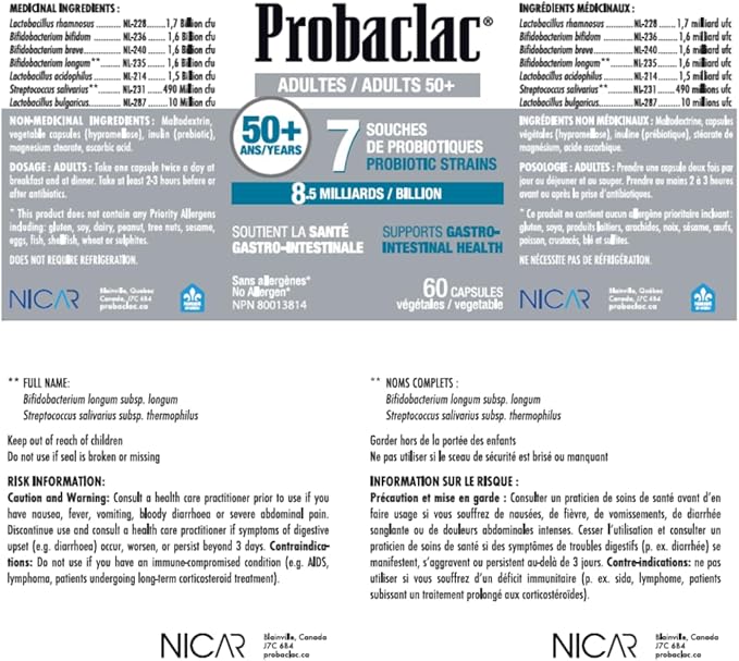 Probiotics for 50+. It Help Support gastrointestinal Health and Bloating Relief and Contribute to a Natural Healthy Intestinal Flora.7strains of probiotic and lactic Ferment Complex. (60)