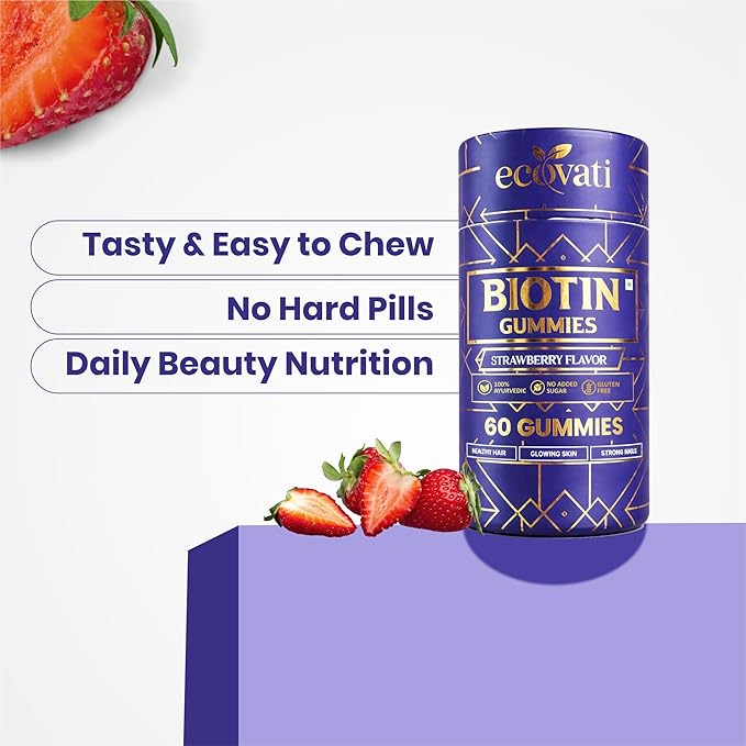 Biotin Gummies for Hair Strawberry Flavor 60 Count with Vitamin A C E Fibre and Zinc No Added Sugar 100% Vegan Gluten Free