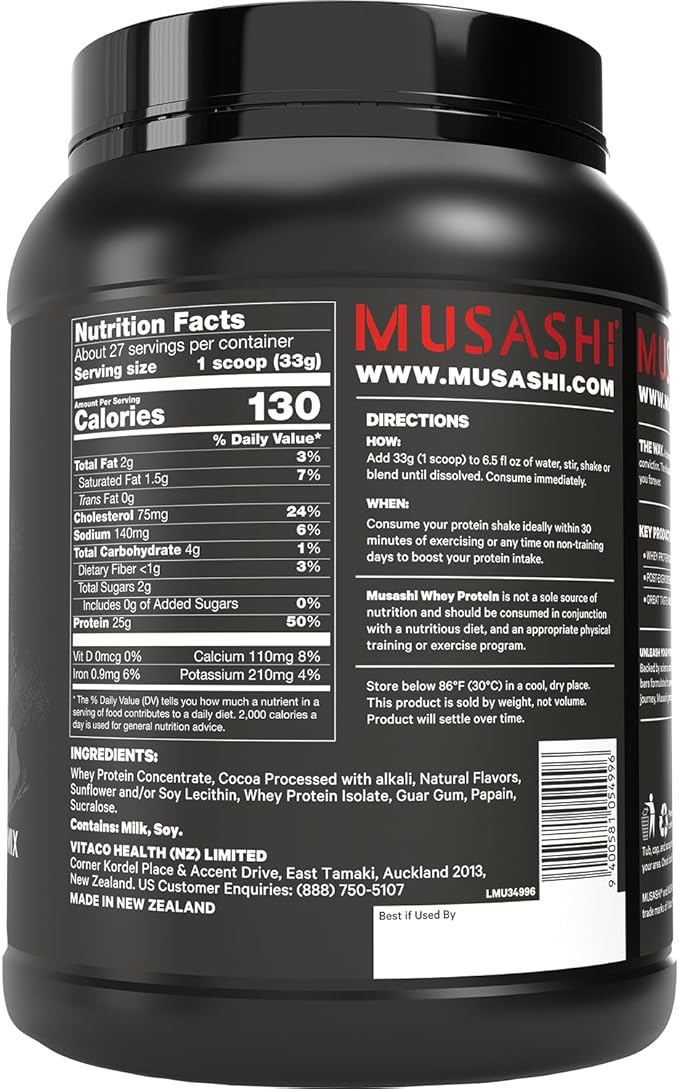 MUSASHI Whey Protein Chocolate Powder 900g Tub 1.98 Pounds